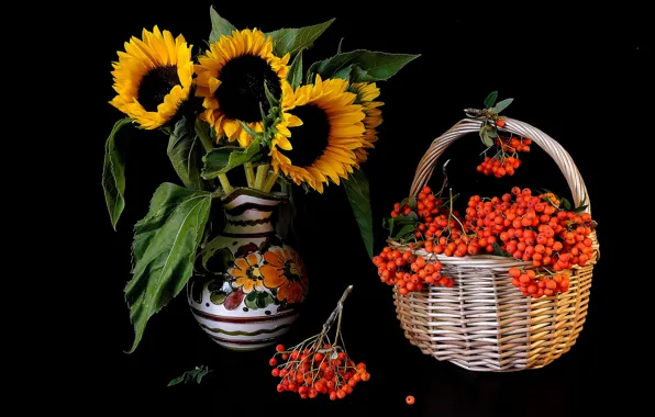 Picture flowers, basket, sunflower, vase, Rowan