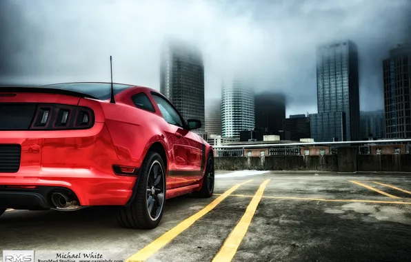 Picture red, fog, ass, HDR, skyscrapers, mustang, Mustang, excerpt, horizon, back, Parking, red, ford, black, Ford, …