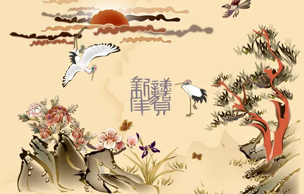 Picture the sun, trees, flowers, birds, characters, Chinese motifs
