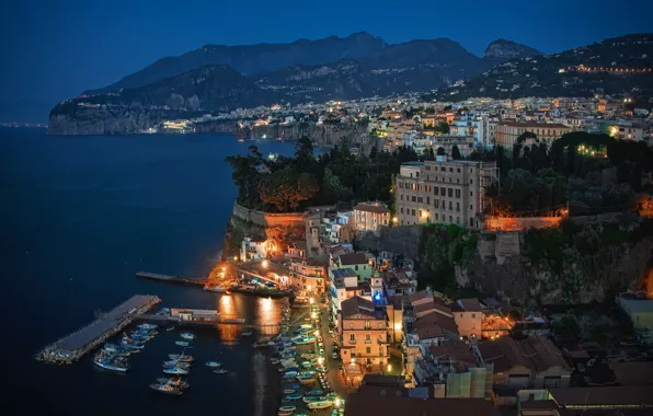 Picture sea, the sky, mountains, night, lights, rocks, home, Italy, Sorrento
