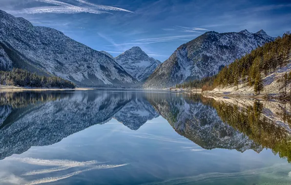 Picture mountains, reflection, Austria, Alps, Austria, Alps, Tyrol, Tirol, lake Plansee, Lake Plansee