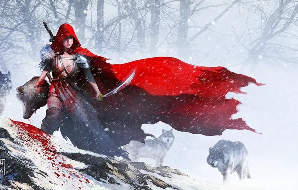 Picture girl, snow, weapons, blood, sword, little red riding hood, head, art, wolves, Red Riding Hood