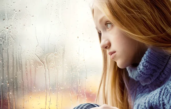 Picture sadness, girl, rain, window