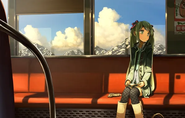 Picture girl, clouds, mountains, train, art, the car, seat, vocaloid, hatsune miku, Vocaloid, mittens, posters, domo1220