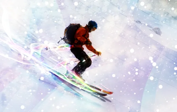 Picture snow, mountains, lights, the descent, ski, neon, skier
