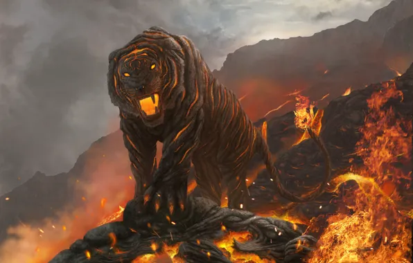 Picture cat, mountains, tiger, fire, art, mouth, lava