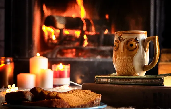 Picture dessert, bread, tea, fireplace, candle, owl, books, mug