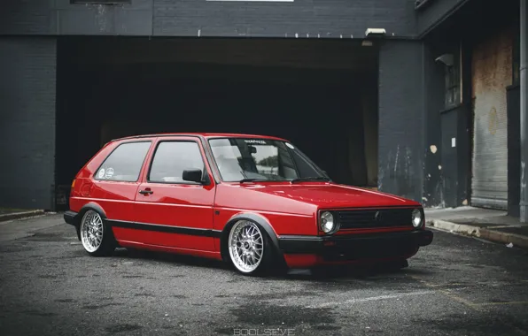 Picture volkswagen, red, wheels, golf, tuning, front, face, germany, low, stance, mk2