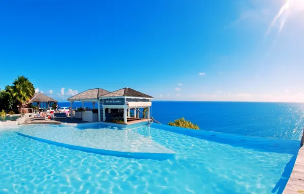 Picture sea, the sky, the sun, clouds, light, Palma, stay, Paradise, pool, horizon, Bungalow, turquoise