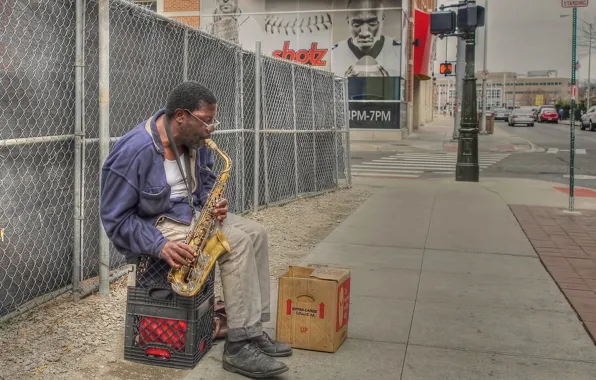 Picture street, people, saxophone