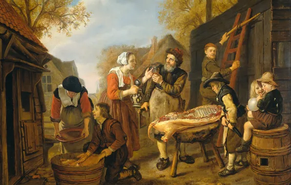 Picture people, picture, yard, genre, Jan Victors, Rural Scene with Butchering a hog