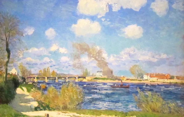 Picture the sky, clouds, bridge, river, picture, spring, steamer, Alfred Sisley