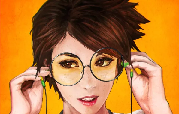 Picture girl, glasses, art, Overwatch, Tracer, lena oxton