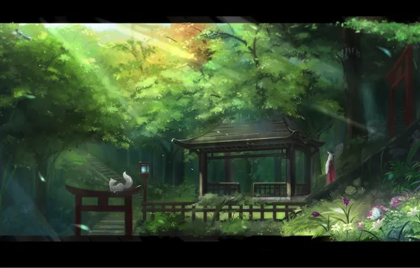 Picture flowers, ladder, Fox, priestess, gazebo, the rays of the sun, in the woods, torii gate