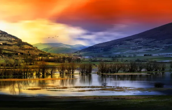 Picture the sky, water, trees, mountains, birds, Landscape