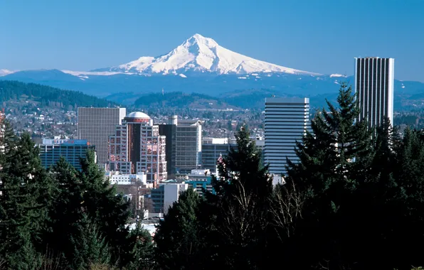 Picture the city, mountain, skyline, Portland, Hood, Portland, Mt. Hood