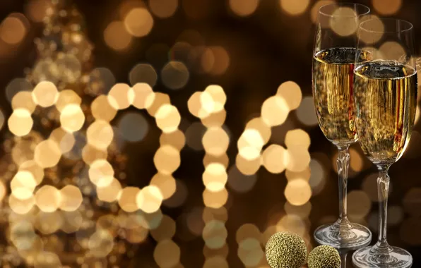 Picture gold, New Year, glasses, Christmas, figures, champagne, Christmas, holidays, bokeh, New Year, 2014