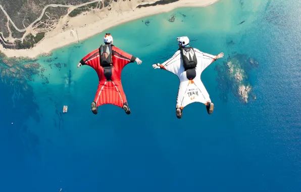 Picture beach, boat, parachute, container, helmet, camera, pilots, extreme sports, formation, wingsuit