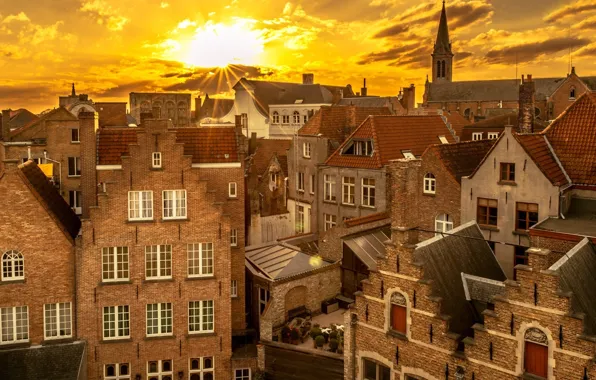 Picture sunset, Belgium, Bruges, old quarter, the rays of the sun