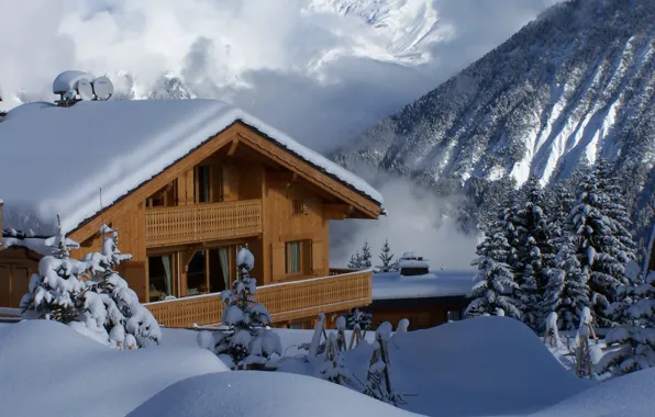 Picture winter, snow, mountains, the snow, wooden, house, France