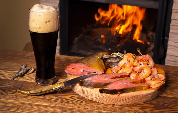 Picture beer, fish, Fish, fireplace, Fire, shrimp, seafood, shrimp, Drinks, Beer