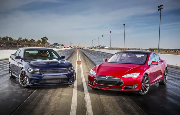 Picture Dodge, Dodge, Charger, Tesla, the charger, SRT, Model S, 2015, P85D