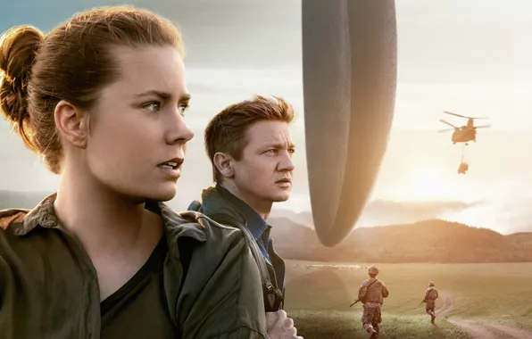Picture field, fiction, collage, helicopter, soldiers, poster, spaceship, aliens, Jeremy Renner, Jeremy Renner, Amy Adams, Amy …