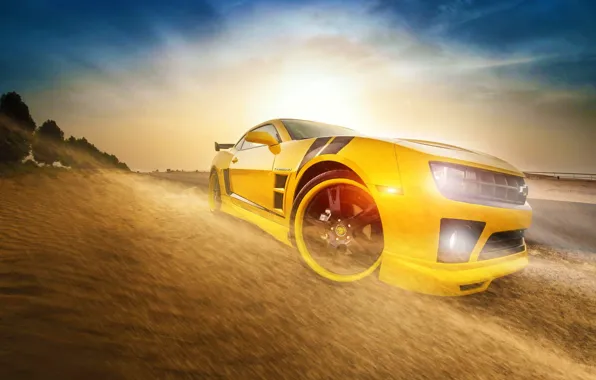 Picture Chevrolet, Camaro, Car, Front, Sun, Yellow, Transformers, Bumblebee