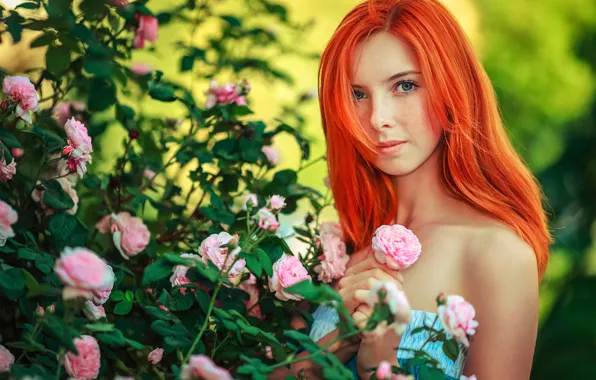 Picture flowers, portrait, freckles, redhead, solar, Sunny girl