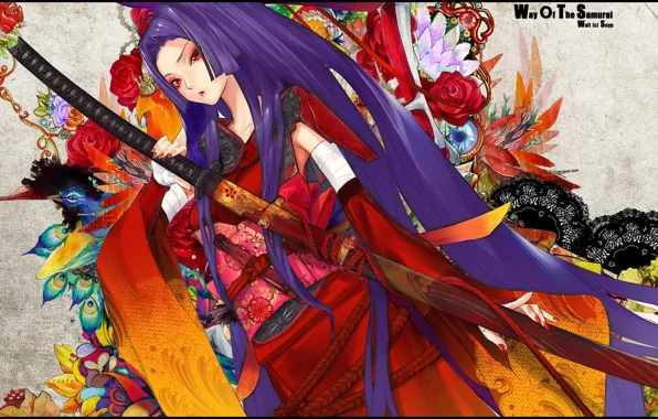 Picture pattern, katana, kimono, Geisha, long hair, sheath, flowers.red eyes