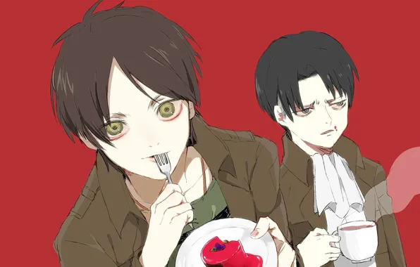 Picture emotions, Cup, cake, plug, guys, two, red background, fan art, shingeki no kyojin, eren yeager, …