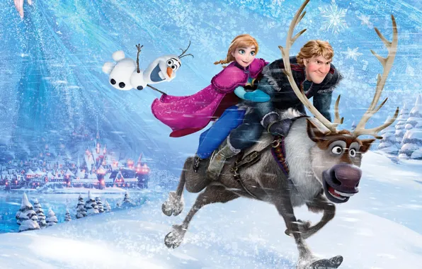 Picture snow, snowflakes, the city, ice, deer, snowman, Frozen, Princess, Kingdom, Anna, Anna, Walt Disney, animation, …