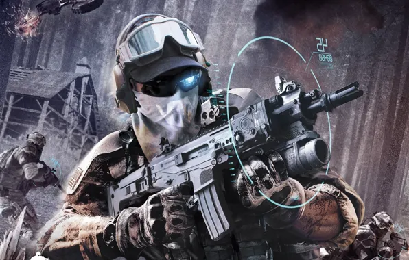 Picture battlefield, sake, gun, soldiers, weapon, jungle, war, man, tatoo, glasses, rifle, conflict, Ghost Recon, assault …