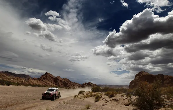Picture The sky, Red, Clouds, Desert, Mini Cooper, Rally, Dakar, MINI, Mini Cooper