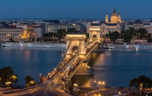 Picture night, blue hour, Hungary, Budapest, Széchenyi chain bridge, Danube River, Roman Catholic, St. Stephen's Basilica, …