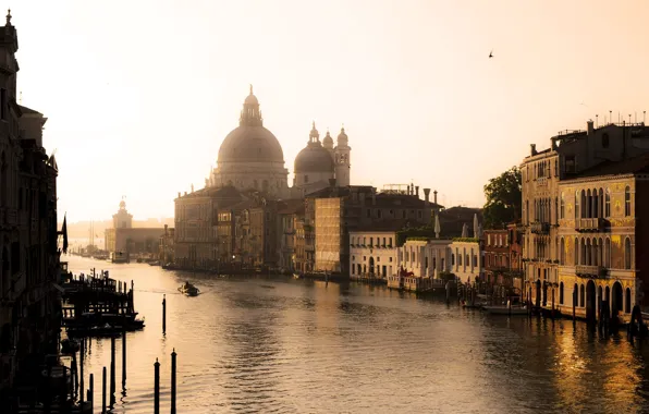Picture dawn, boat, Italy, Venice, Cathedral, channel