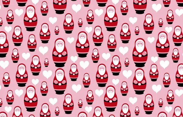Picture red, background, pink, graphics, new year, Christmas, vector, hearts, Santa Claus, Santa Claus, dolls, matryoshka, …