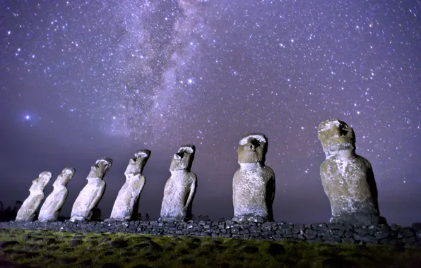Picture stars, night, the milky way, Magellanic clouds, Ostrov Easter, Rapa Nui, the Moai statues, The …