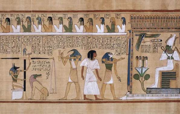 Picture drawing, writing, parchment, hieroglyphics, Ancient Egypt, judgement of the dead in the presence of Osiris
