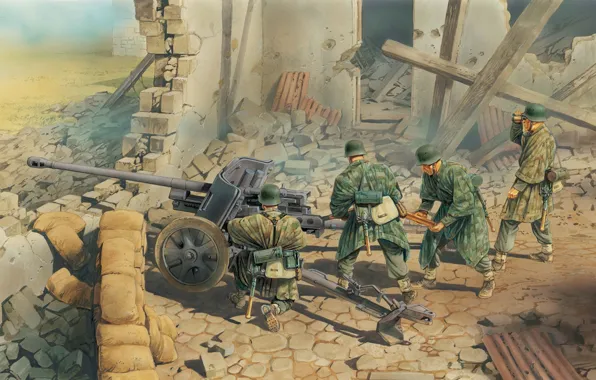 Picture war, figure, art, gun, WW2, German, position, anti-tank, the gunners, PAK-38, fire