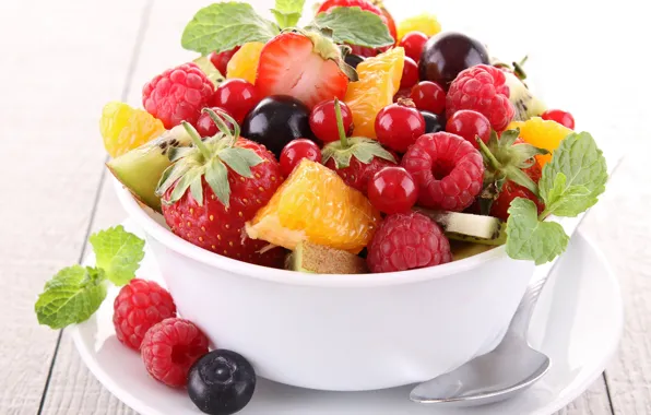 Picture berries, raspberry, orange, kiwi, blueberries, strawberry, fruit, currants, salad