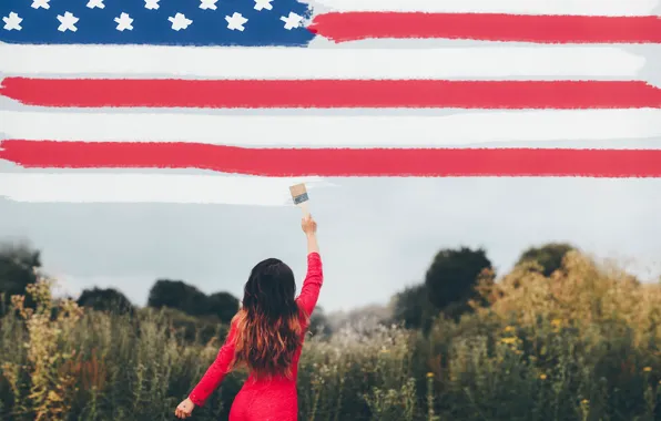 Picture girl, background, flag