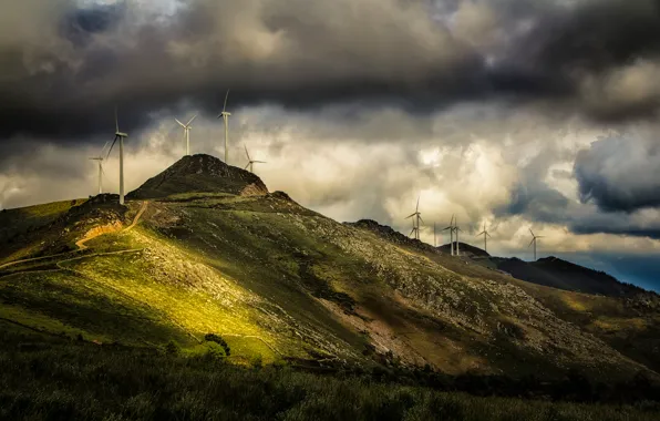 Picture the sky, clouds, mountain, windmill