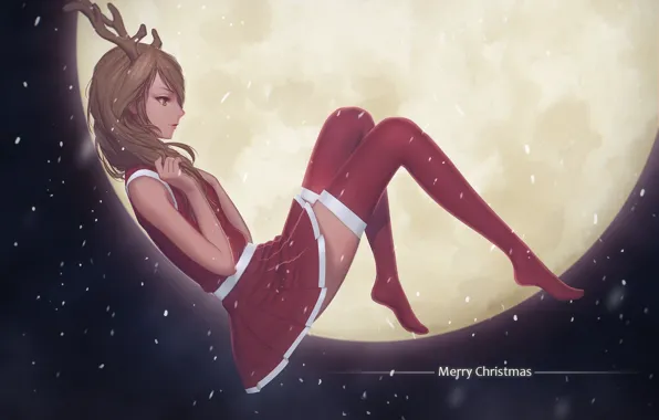 Picture girl, the moon, Anime, merry christmas