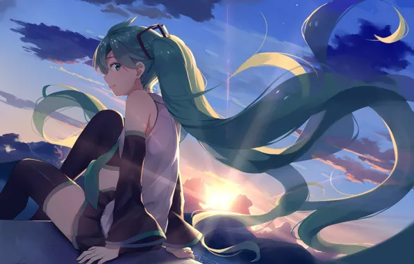 Picture the sky, girl, clouds, sunset, smile, anime, art, vocaloid, hatsune miku, Alex master