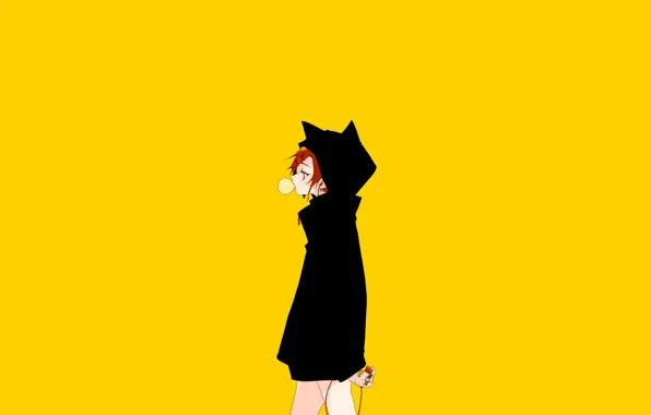 Picture girl, minimalism, hood, bubble, cloak, yellow background, gum, cat ears