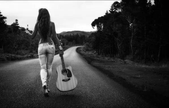 Picture road, forest, ass, girl, guitar, jeans