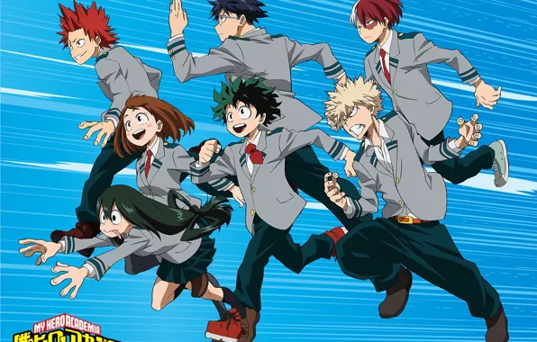 Picture anime, blue background, characters, Boku no Hero Academy