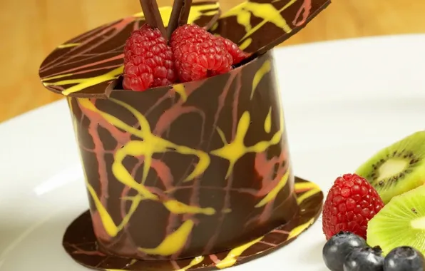 Picture raspberry, chocolate, kiwi, blueberries, cake, dessert