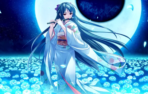 Picture girl, flowers, night, the moon, kimono, flute, musical instrument, tsukumo no chickens